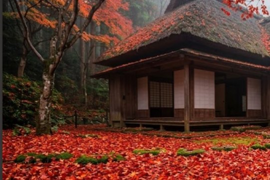 苔の庭に散り敷く紅葉と茅葺きの庵